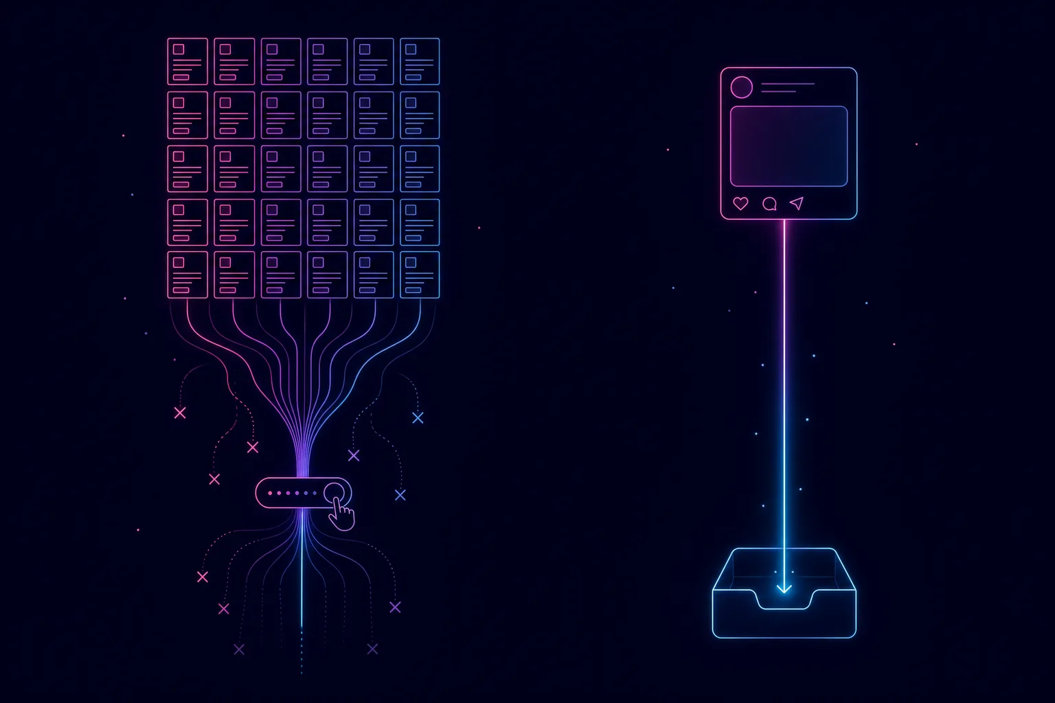 Neon line illustration comparing two candidate journeys: a dense grid of job-board tiles funnelling through a click meter versus a direct line from a social feed straight into an inbox