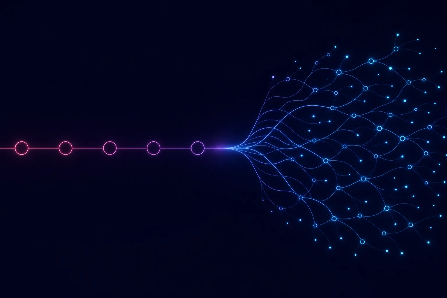 Neon line illustration of a single glowing sequential chain of connected nodes, like an email outreach cadence, contrasted with a wide branching network of light flowing outward through a social feed lattice
