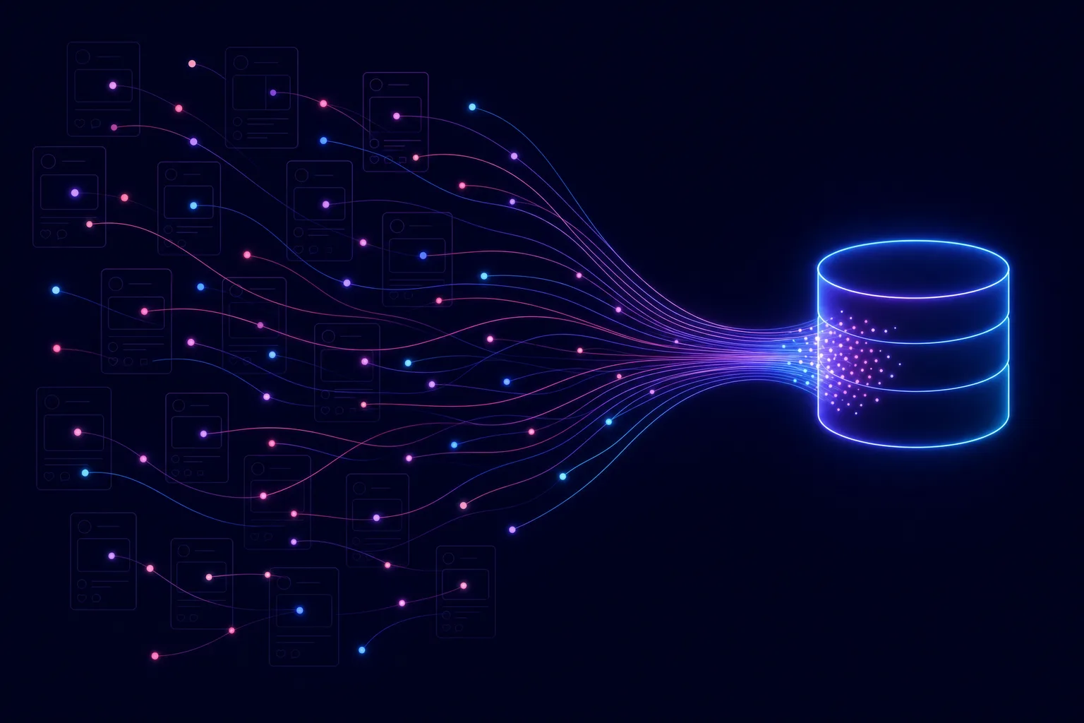 Neon line illustration of scattered glowing dots on social feed grids converging through connecting lines into a structured database funnel