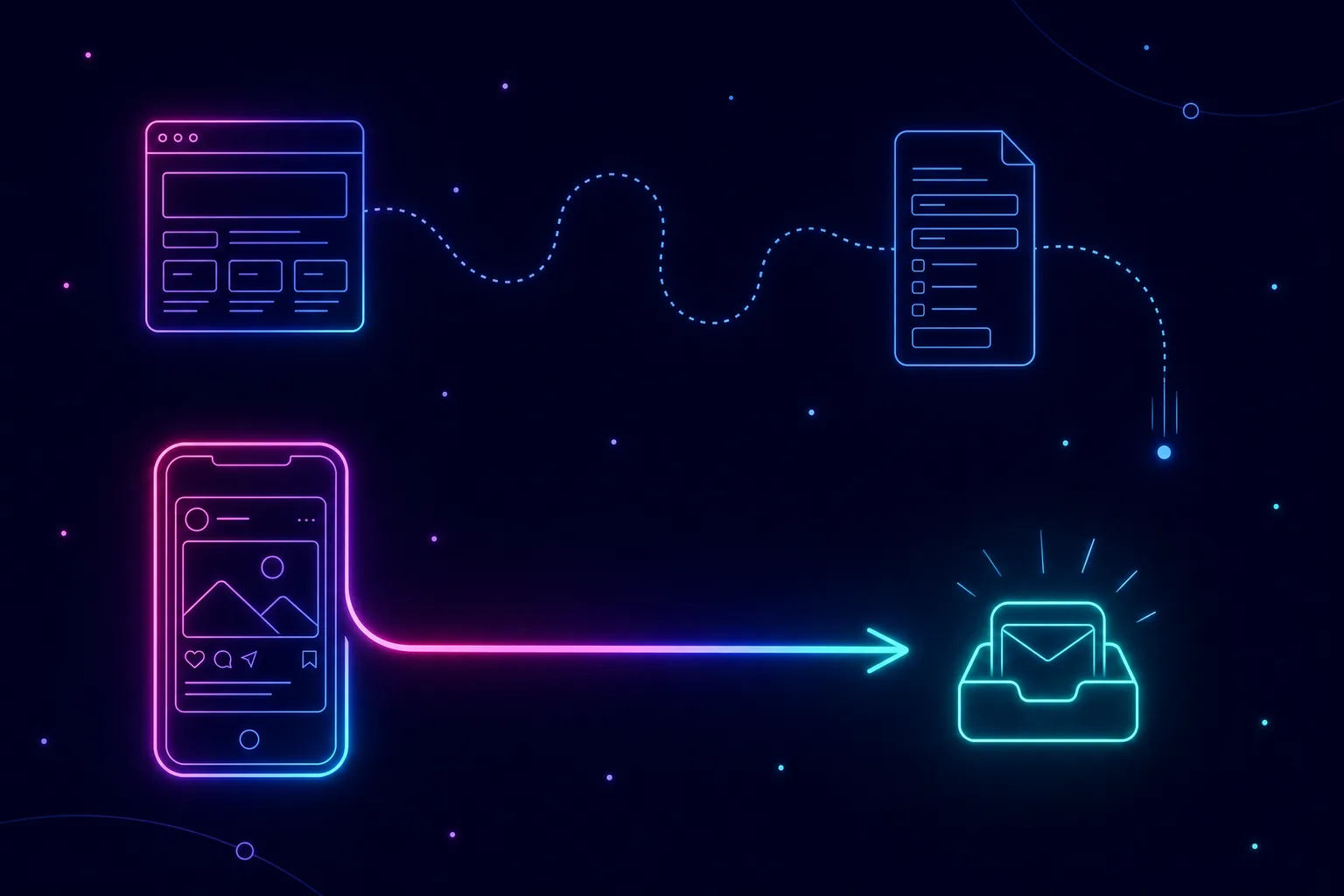 Neon line illustration comparing two candidate journeys: a winding dotted career-site path with drop-off versus a direct line from a social feed into an inbox