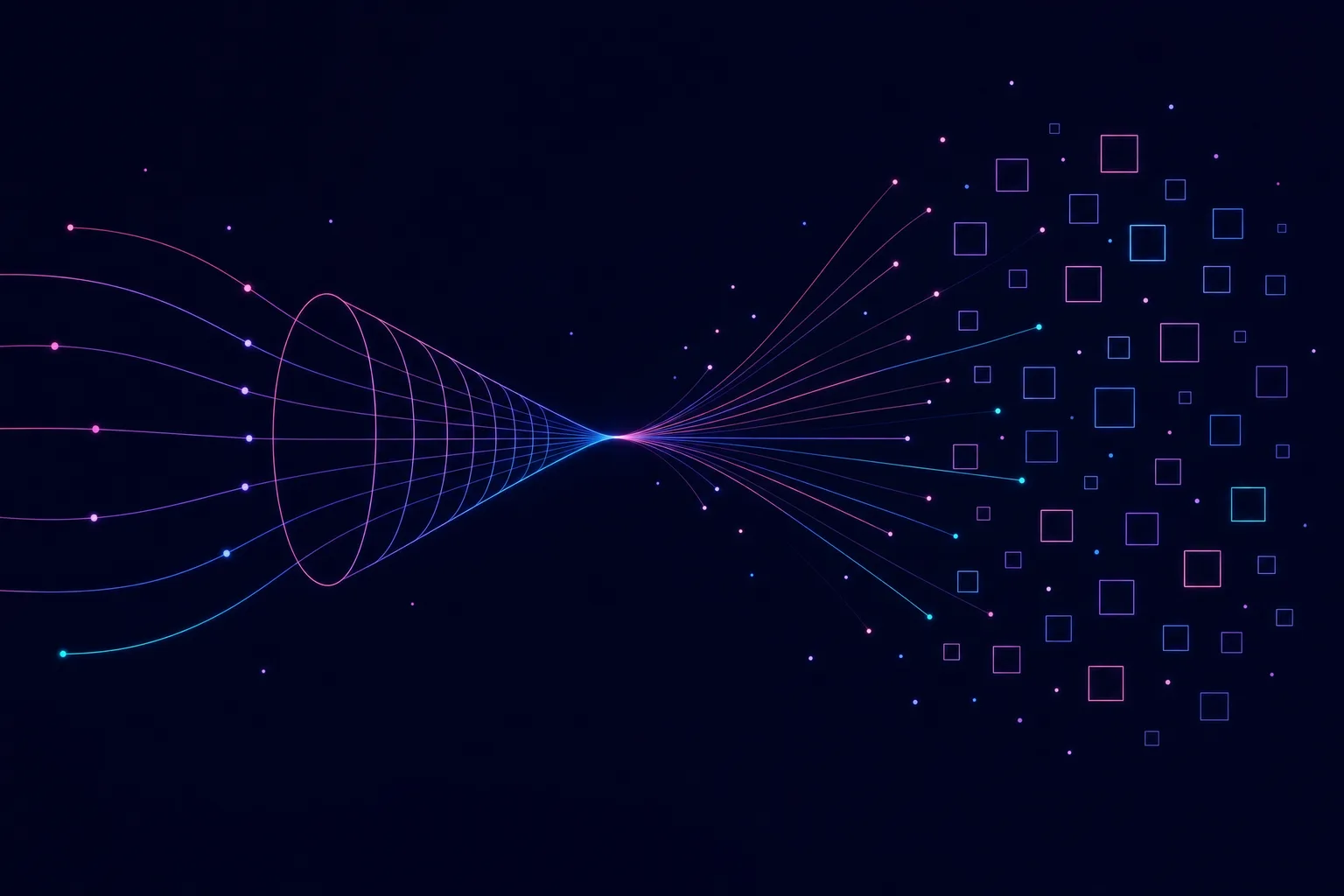 Neon line illustration contrasting a funnel-shaped CRM structure on one side with lines radiating outward into a social feed grid on the other