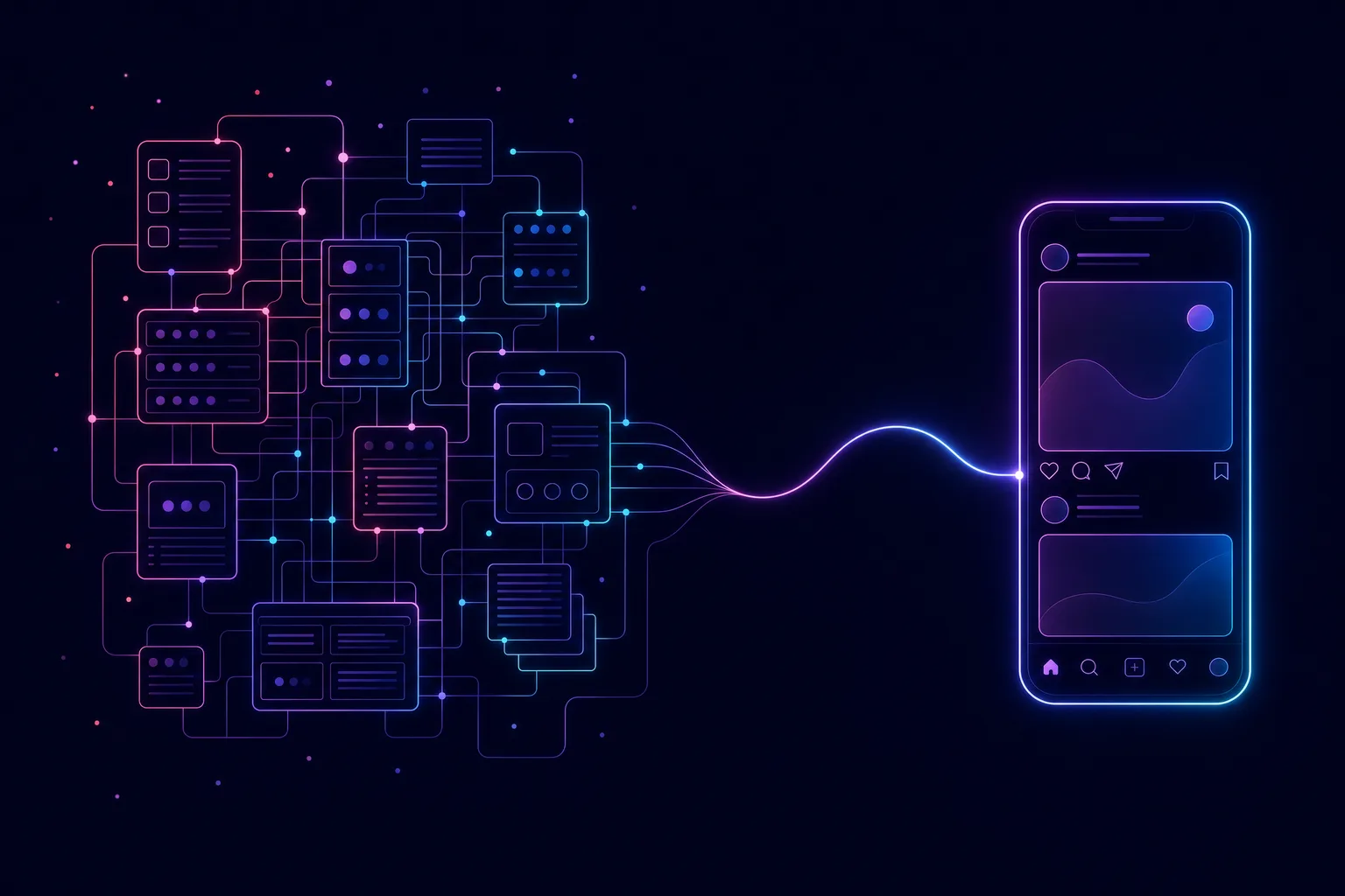 Neon line illustration contrasting a dense modular suite grid on one side with a single clean line flowing into a social feed on the other