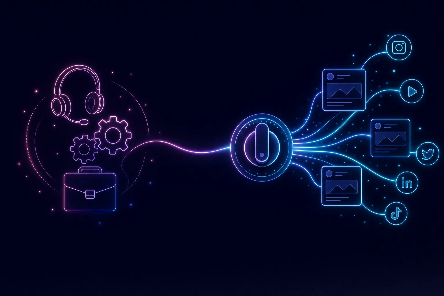 Neon line illustration contrasting a hands-on agency service desk on one side with a single self-serve automation dial streaming into social feeds on the other