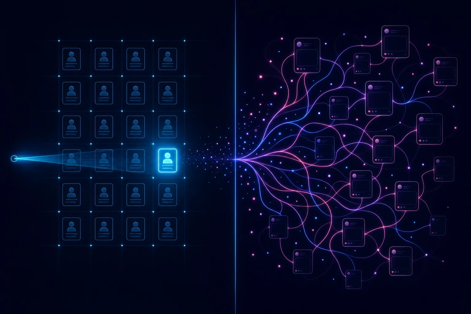 Neon line illustration of a single searchlight scanning a static grid of profile nodes on one side, contrasted with branching glowing threads flowing outward through a social feed lattice on the other
