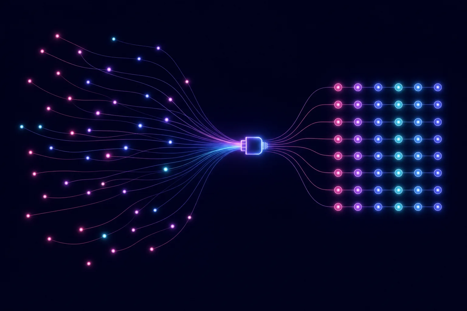 Neon line illustration of scattered glowing dots converging through a single connector node into an organised grid of pooled candidates