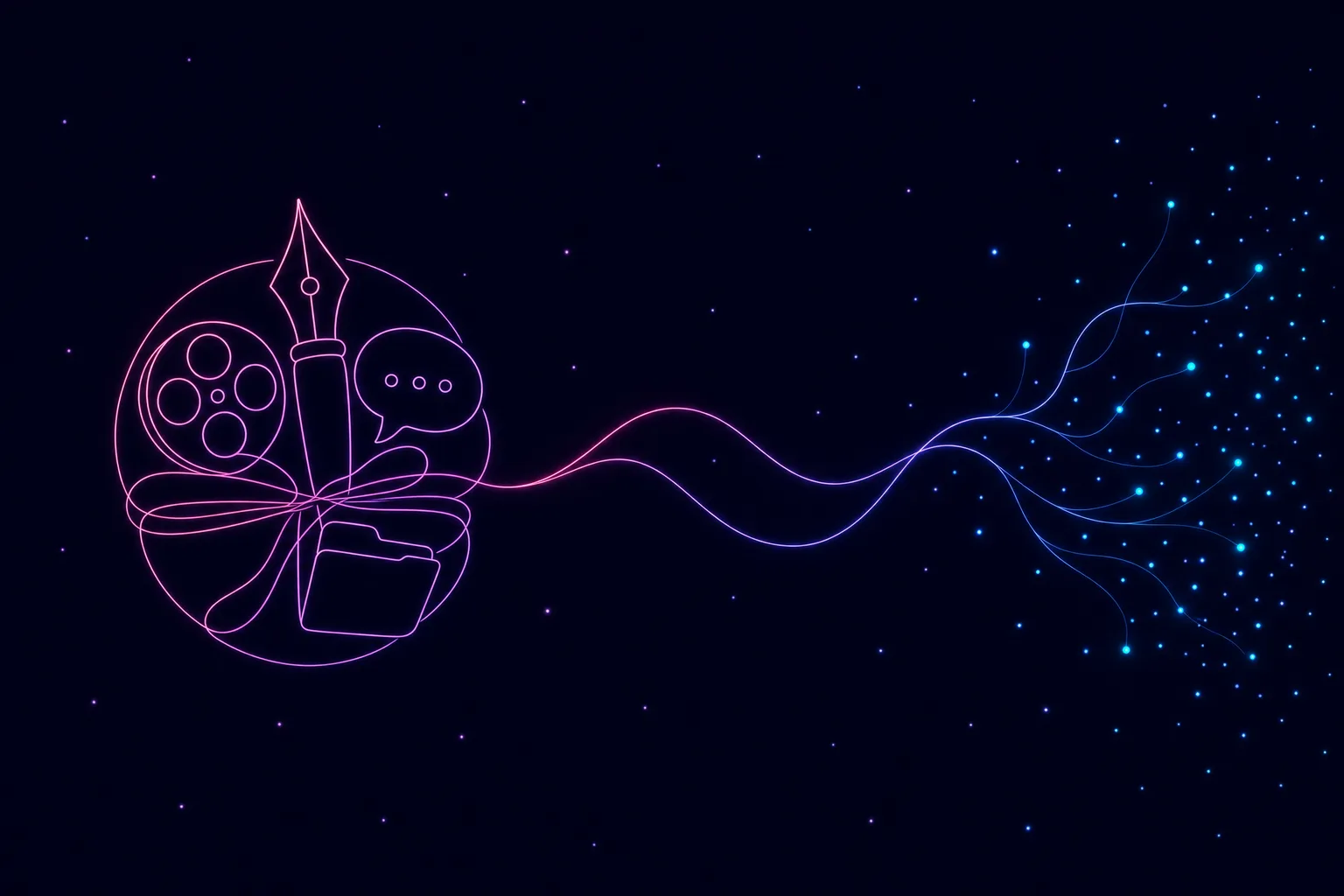 Neon line illustration of a bundled cluster of creative-agency tools on one side, unspooling into a single glowing line that branches into scattered points of light on the other