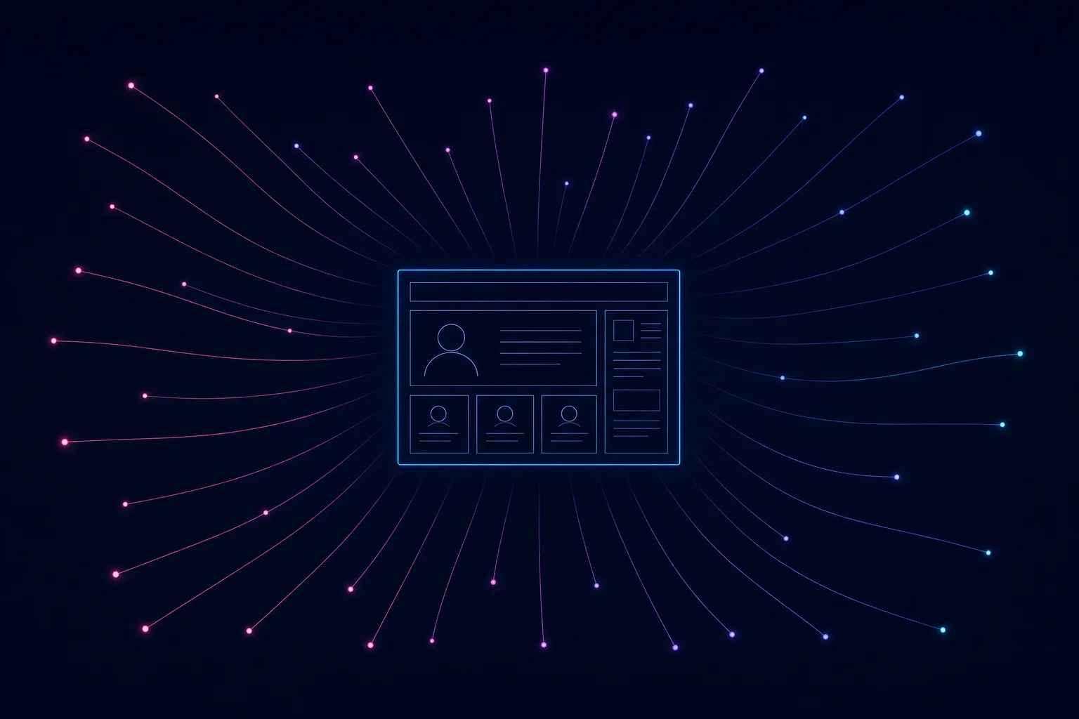 Neon line illustration of a small enclosed frame representing a career site, with glowing pink-purple-blue lines broadcasting outward past its edges into a dark navy field