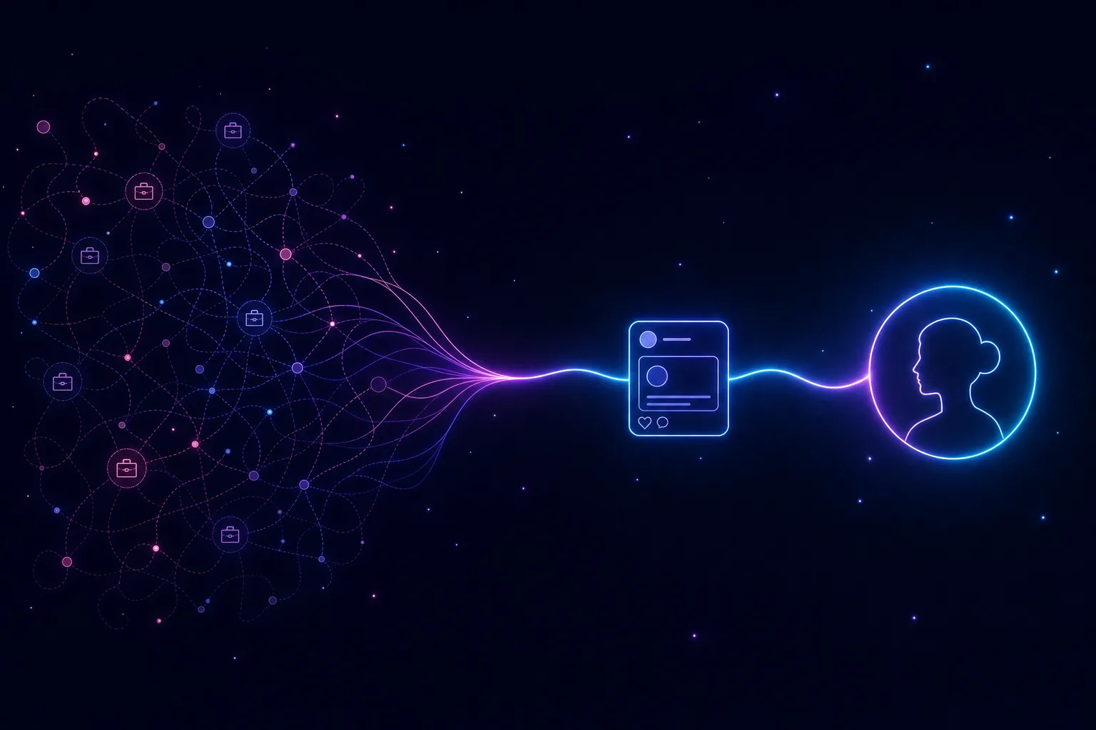 Neon line illustration of a fragmented network of job-board nodes on one side and a single glowing social feed stream converging into a candidate profile on the other