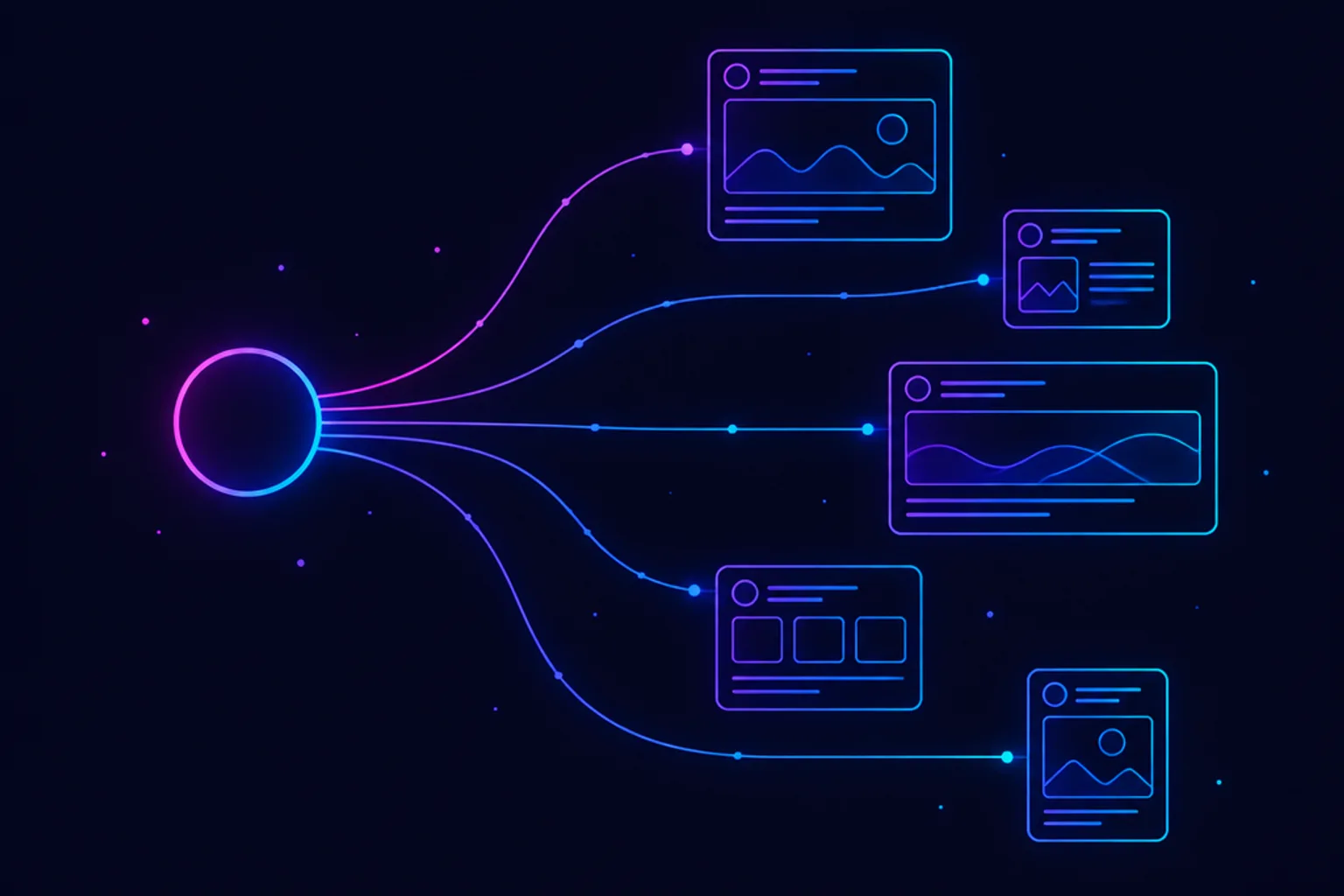 Neon line illustration of one large network node with paths branching out to several smaller social feed panels