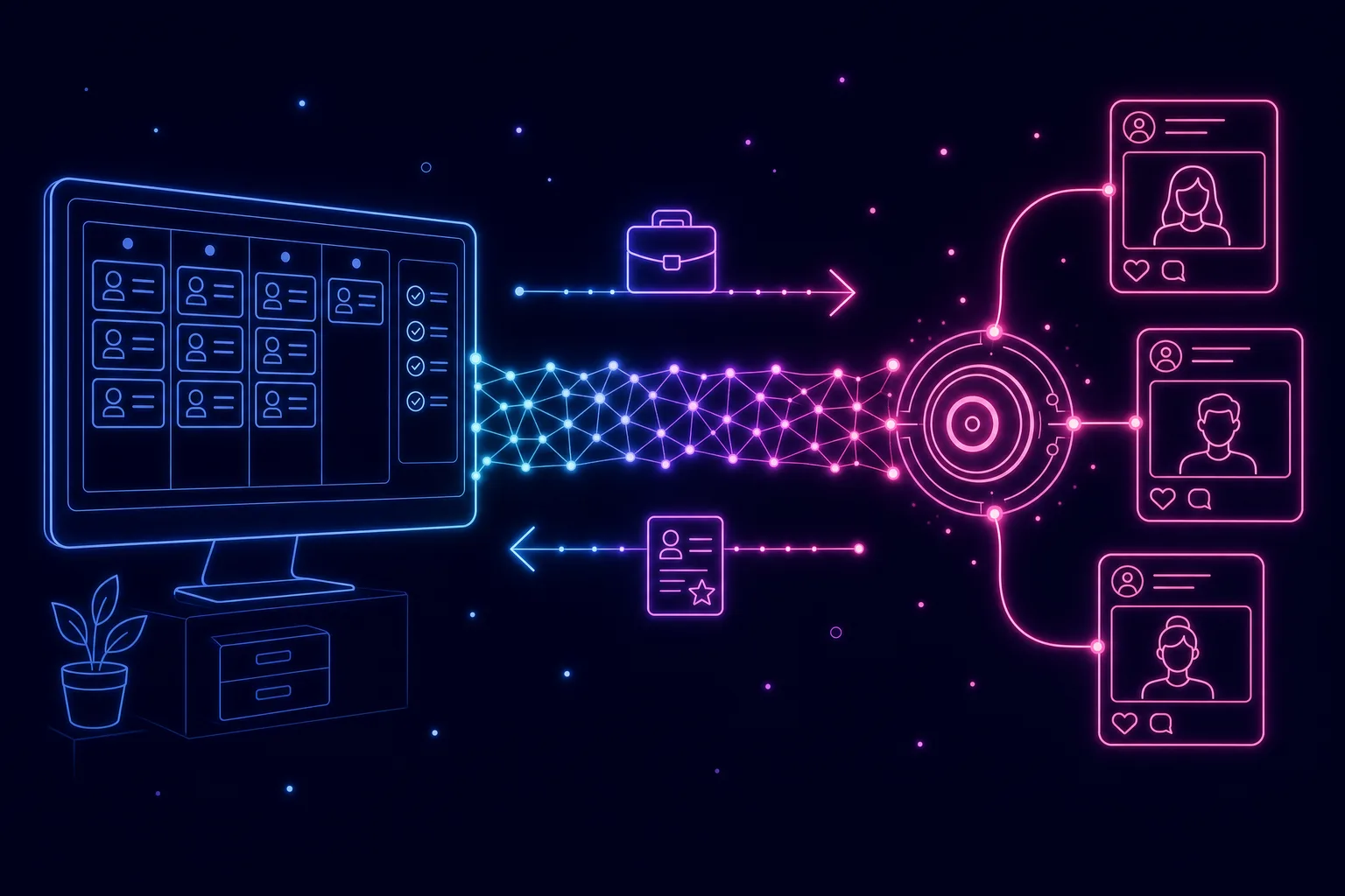 Neon line illustration of an ATS console and a social advertising engine joined by a two-way integration bridge