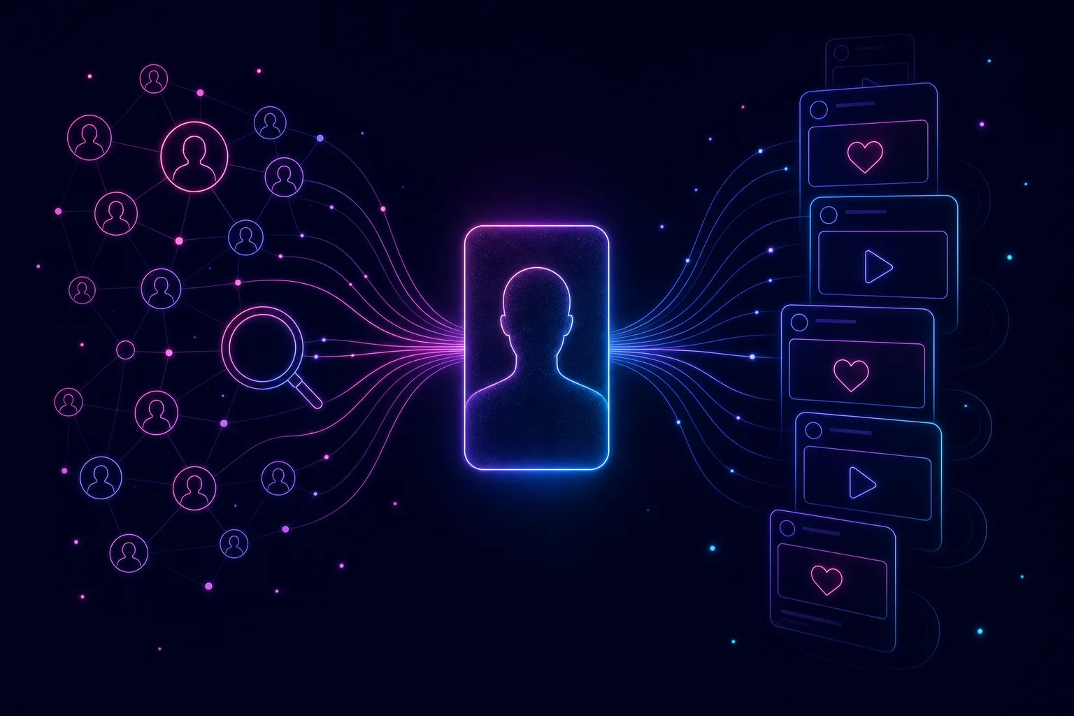 Neon line illustration of a searchable candidate database on one side and a social feed of scrolling profiles on the other, converging into a single screened candidate