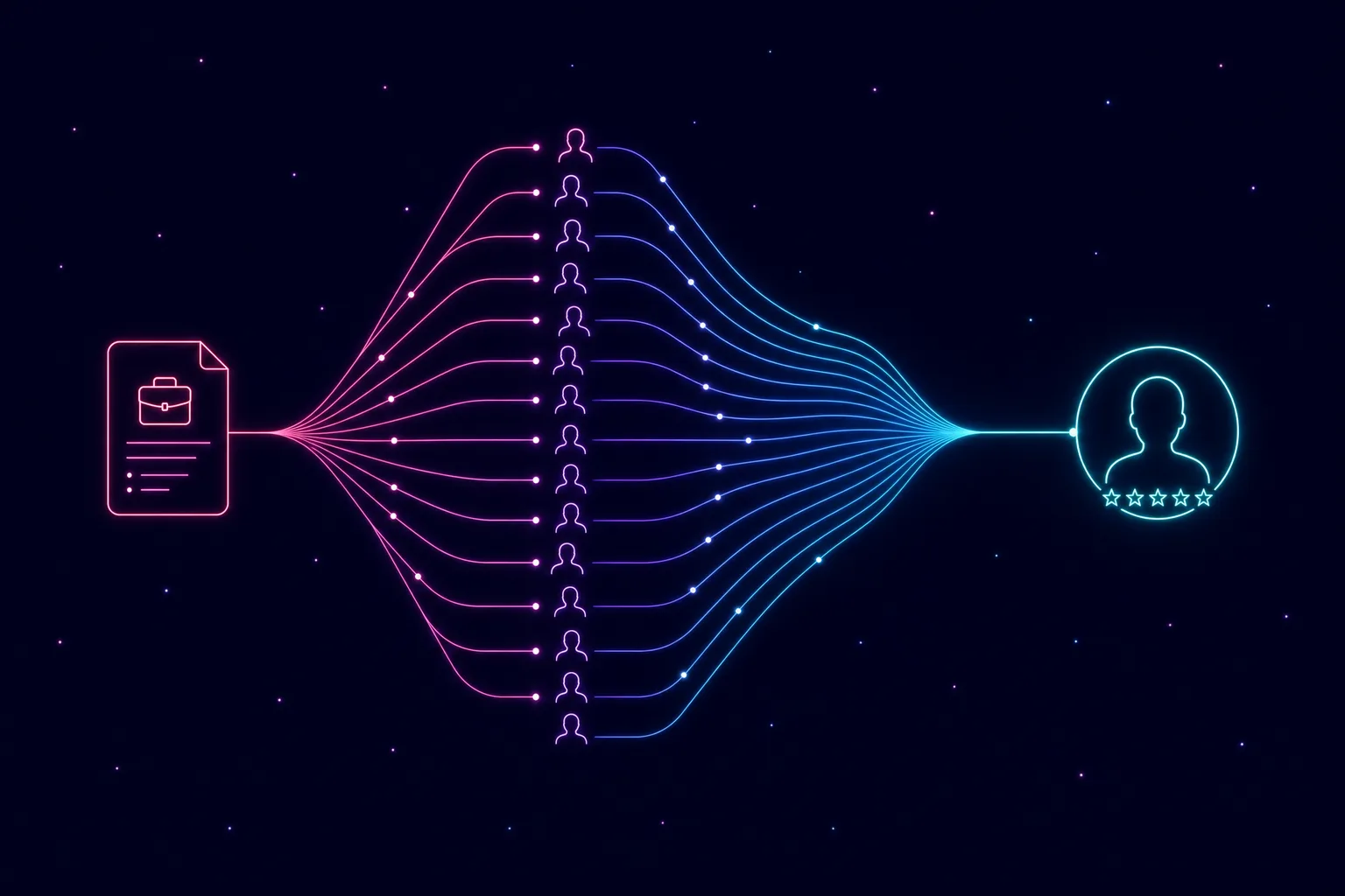Neon line illustration of a single job post branching into many converging pipelines, symbolising hiring scaling without added manual work