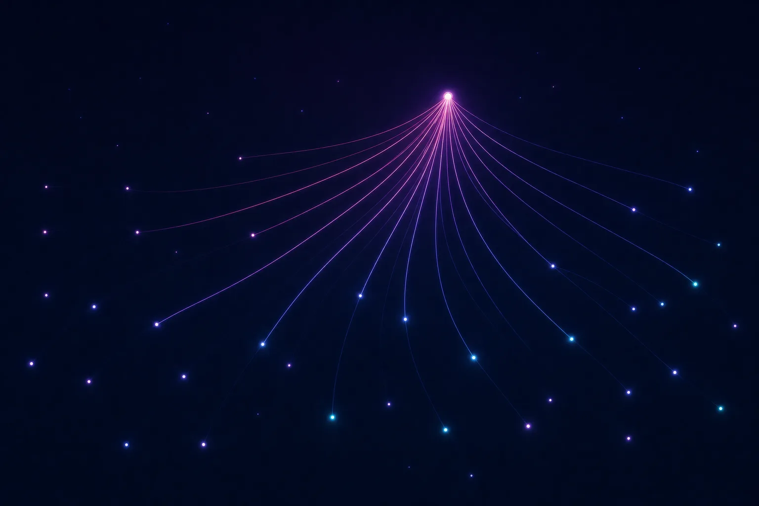 Neon line illustration of one glowing node radiating many thin light trails outward to a wide scatter of distant points, representing reach beyond a single network