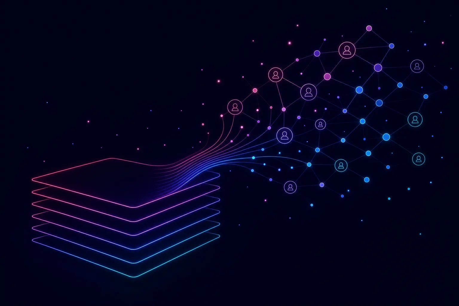 Dark neon line-art illustration of a layered tech stack with its top layer breaking free and radiating glowing lines outward into a social feed