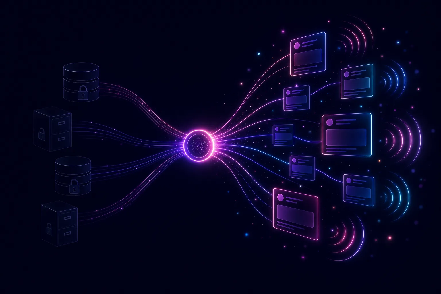 Neon line illustration of static database and filing-cabinet icons whose stored brand is pulled through a central hub and broadcast outward across glowing social feeds