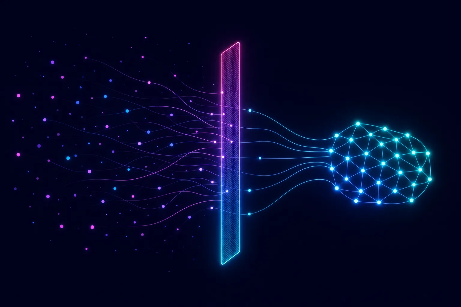Neon line illustration of scattered candidate nodes passing through a glowing filter gate before joining a warm, pre-screened pool
