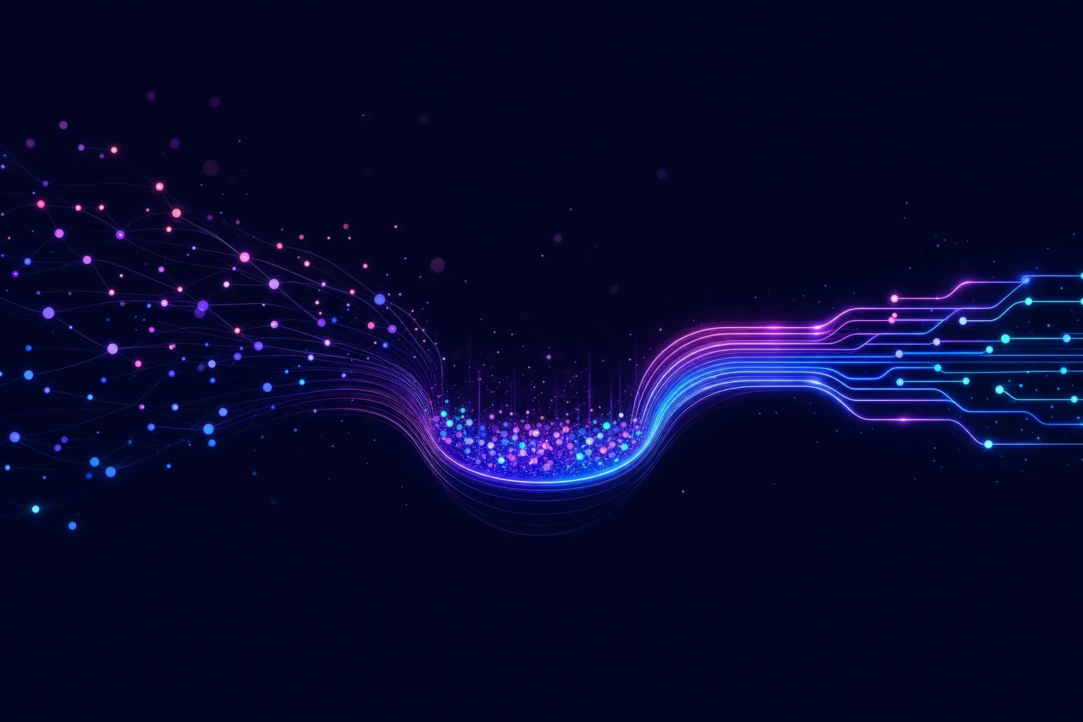 Neon line illustration of scattered candidate dots pooling into a glowing reservoir and rising as an activated pipeline