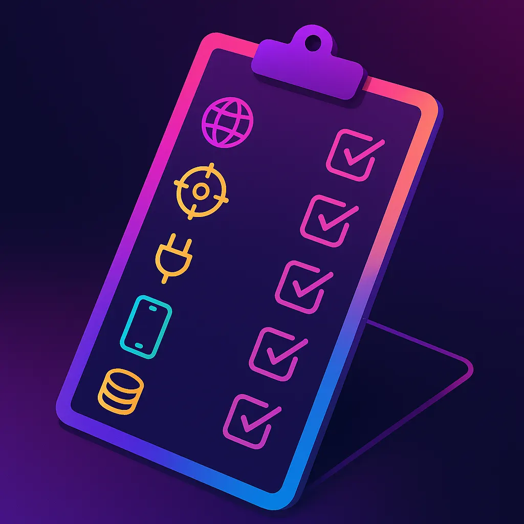 Clipboard with seven ticked checkboxes beside icons for reach, targeting, integration, AI screening, mobile UX, ROI, ge