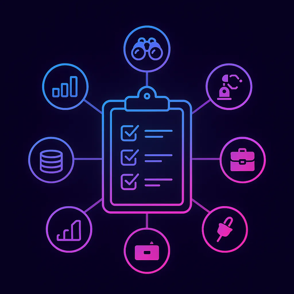 Clipboard with six icons representing key evaluation criteria for recruiting platforms