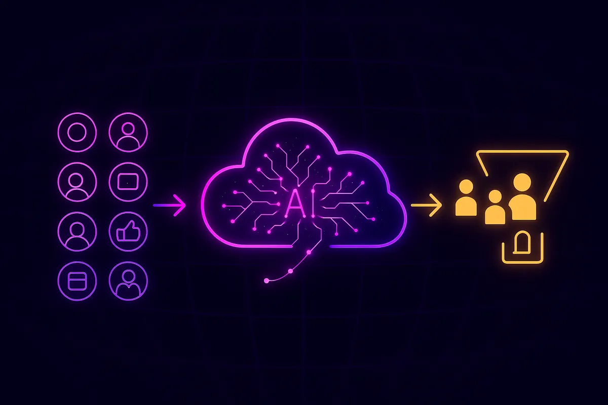 Flow diagram showing social platforms filtered by AI into high-quality candidate stream