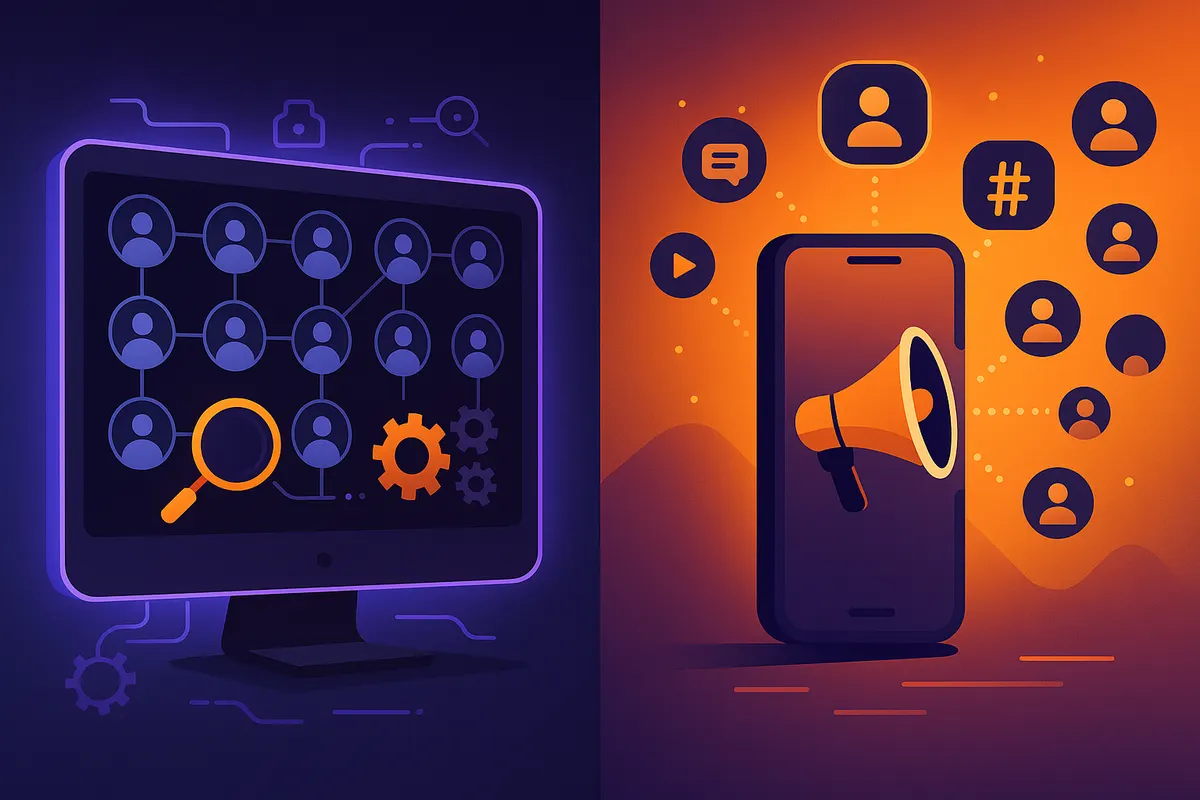 Side-by-side graphic contrasting database-centric talent CRM with automated multi-platform social recruiting reach.
