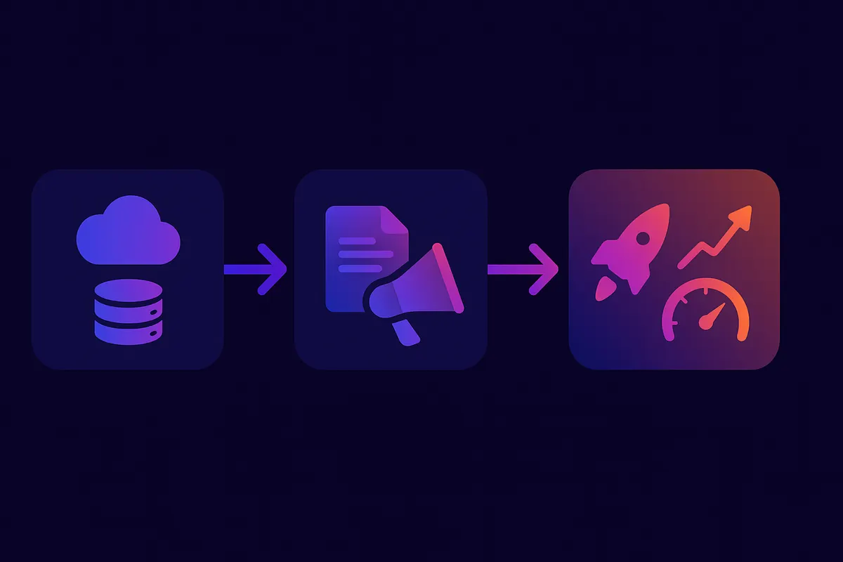 Three-step timeline graphic illustrating data sync, campaign setup, and optimization go-live for a 30-day migration