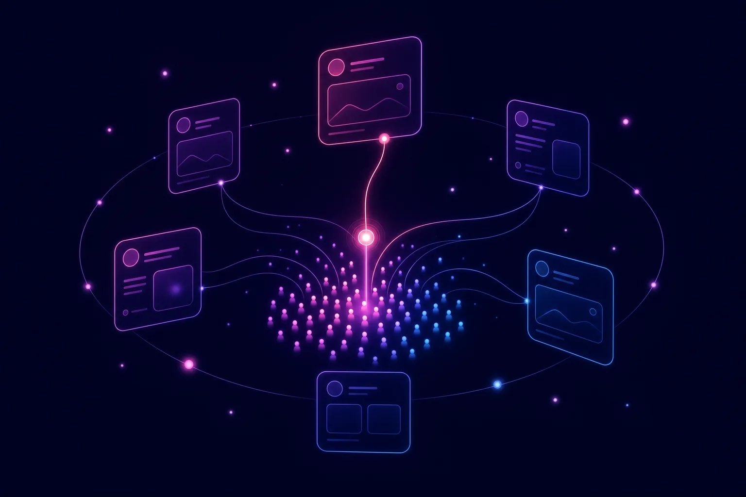 Neon line illustration of a glowing pool of candidate dots connected to social feed panels, with one path lighting up into a single activated profile