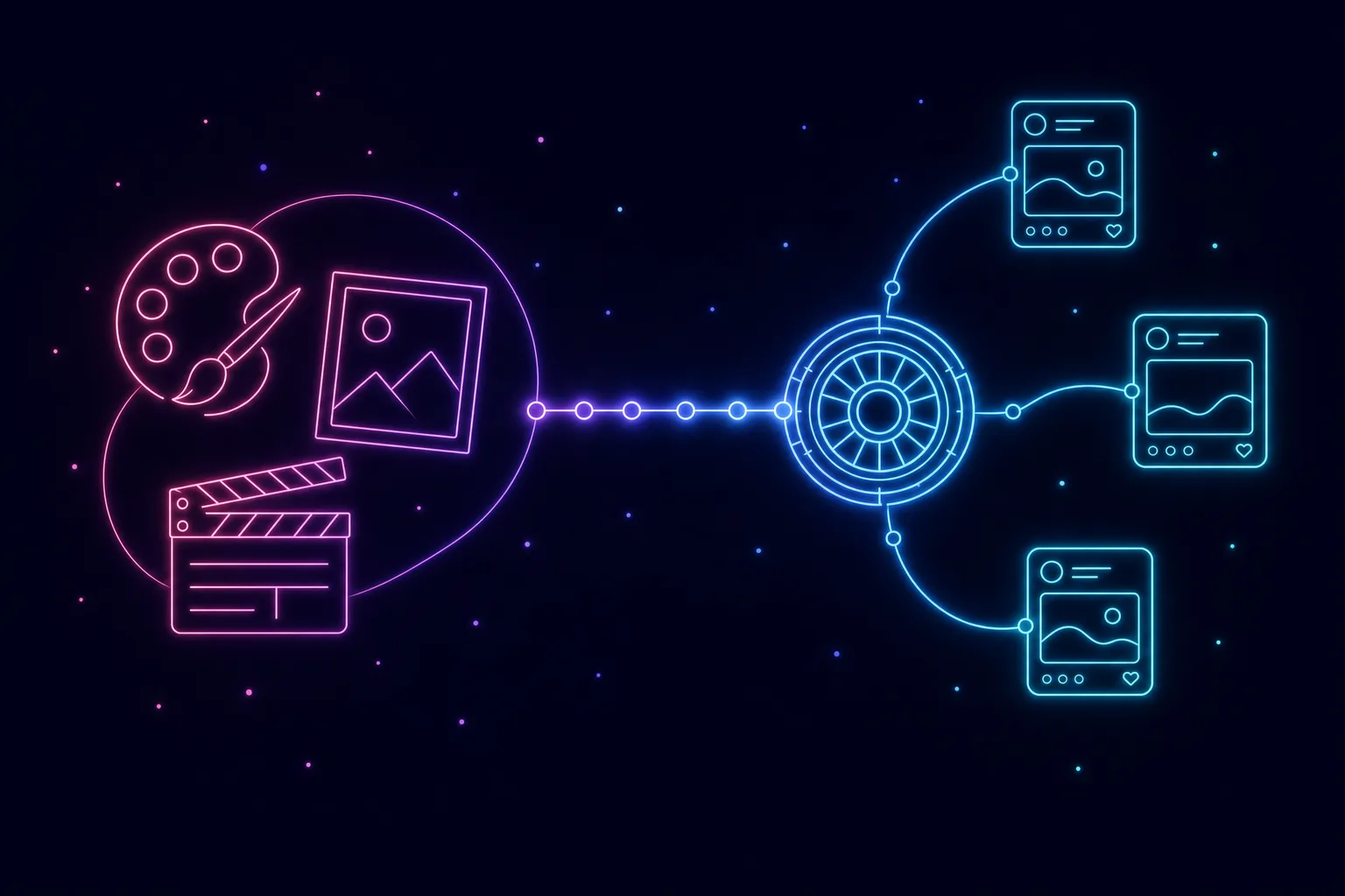 Neon line illustration of a creative palette and brand assets on one side and an always-on distribution engine broadcasting to social feeds on the other, connected by a bridge