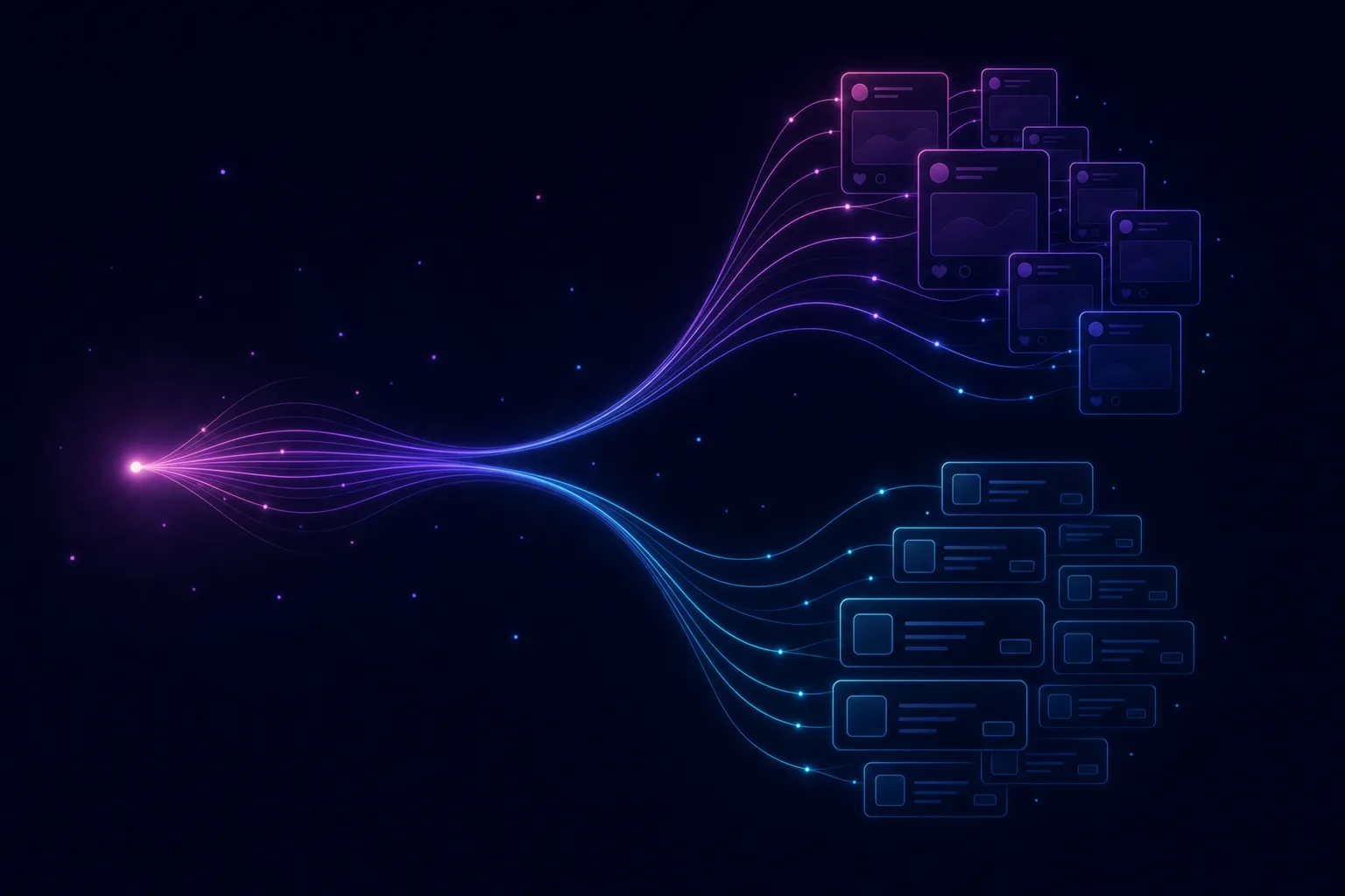 Neon line illustration of an employer-brand signal fanning out from a single source into social feeds and job-site listings across a dark navy field