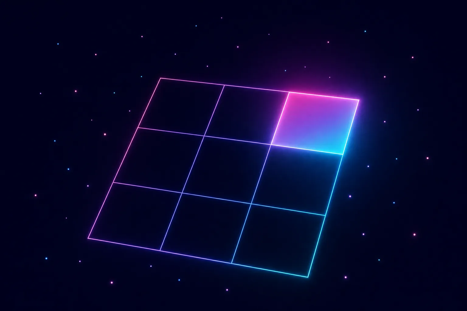 Neon line illustration of a 3x3 grid floating in the dark, with a single cell in the upper right glowing brighter than the rest