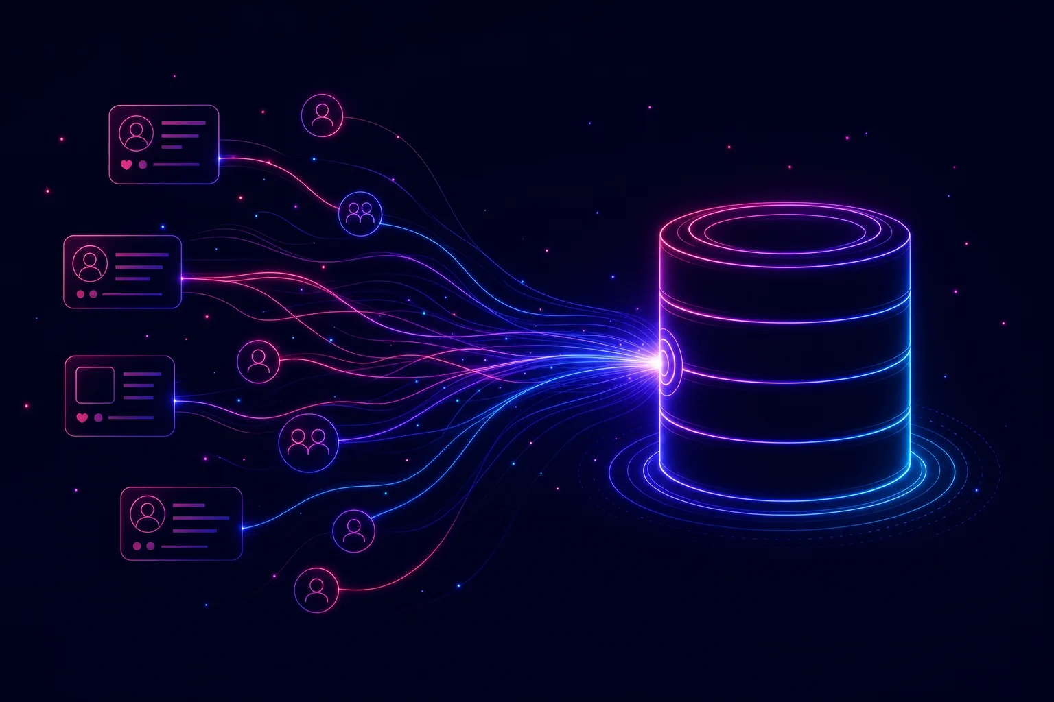 Neon line illustration of social-feed nodes streaming candidates into a central database cylinder representing an applicant tracking system as system of record