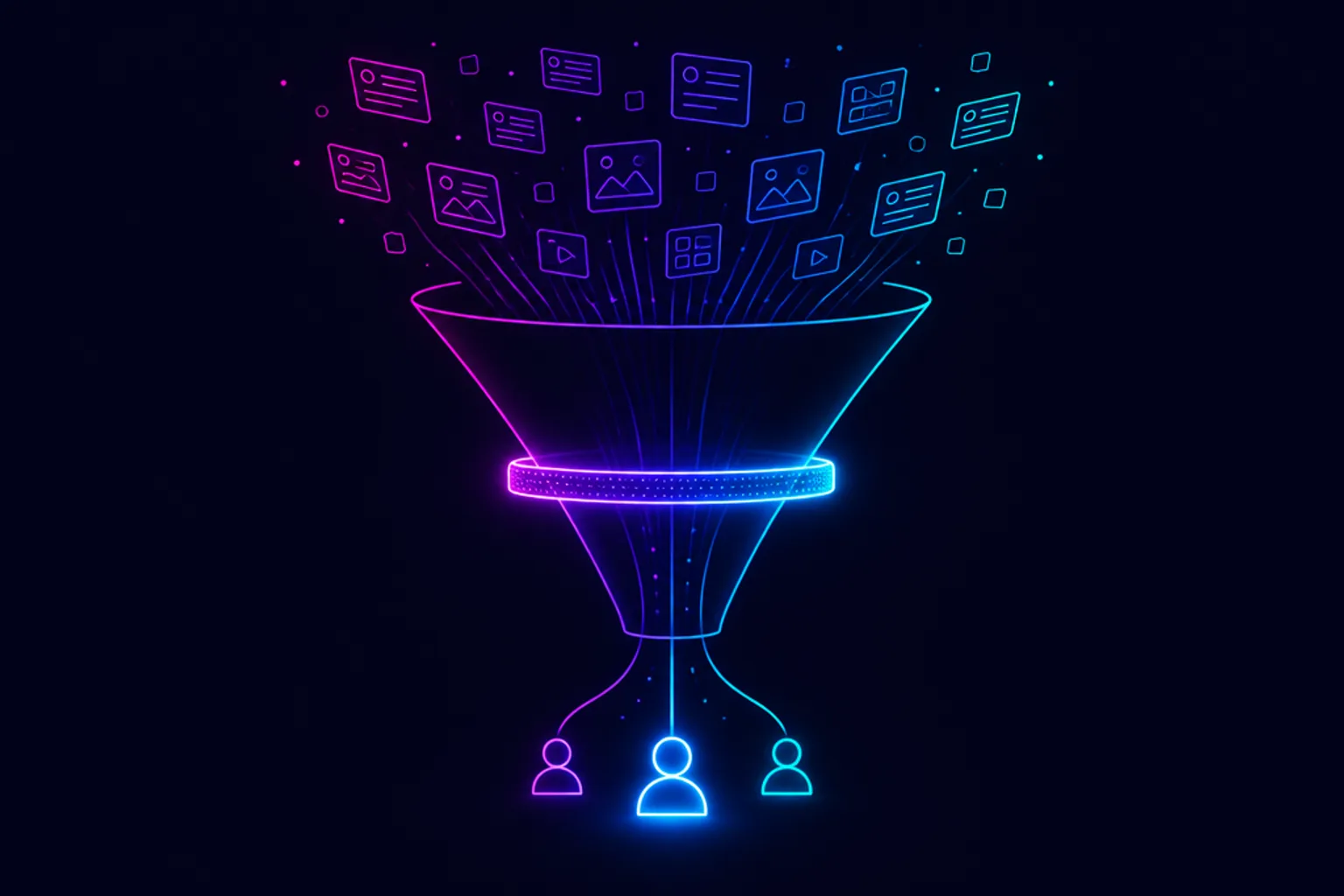 Neon line illustration of a wide funnel of social feed cards narrowing through a glowing filter into a few highlighted candidate profiles