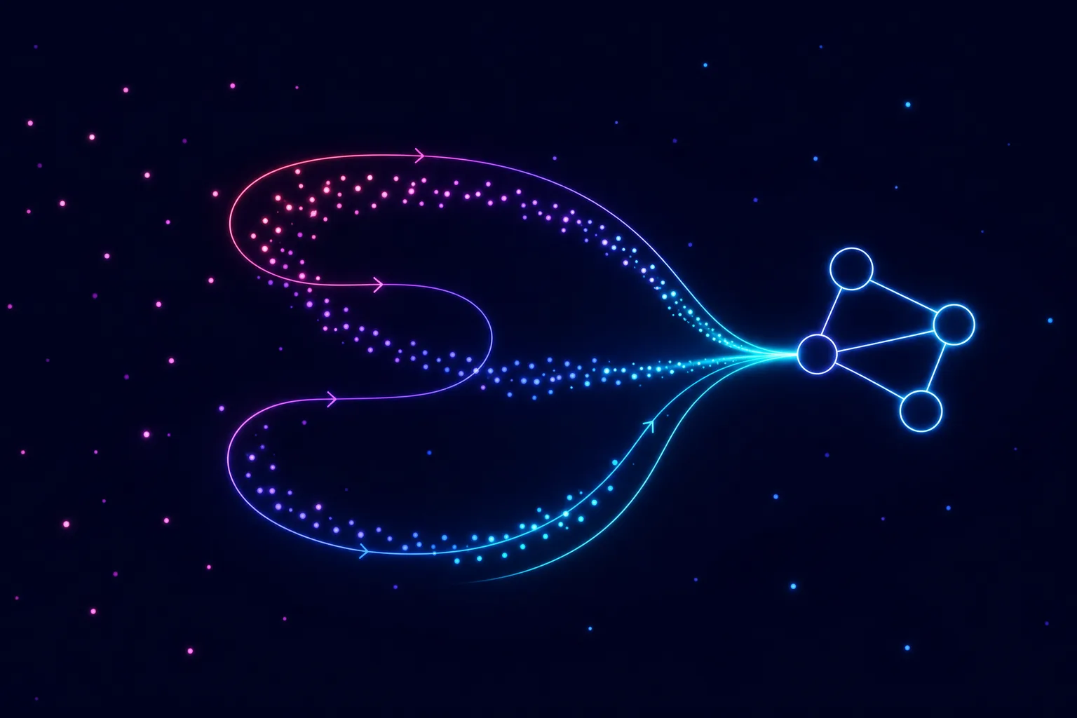 Neon line illustration of scattered glowing dots gathering along a looping capture-and-retarget path into a single stream feeding a connected system icon, on a dark navy background
