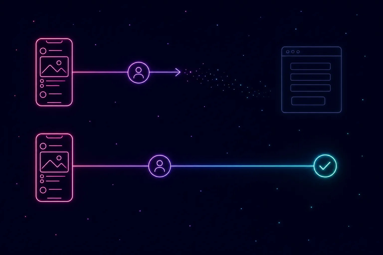 Neon line illustration contrasting a broken application path that fades before reaching a career-site form with an unbroken path completing straight to a checkmark