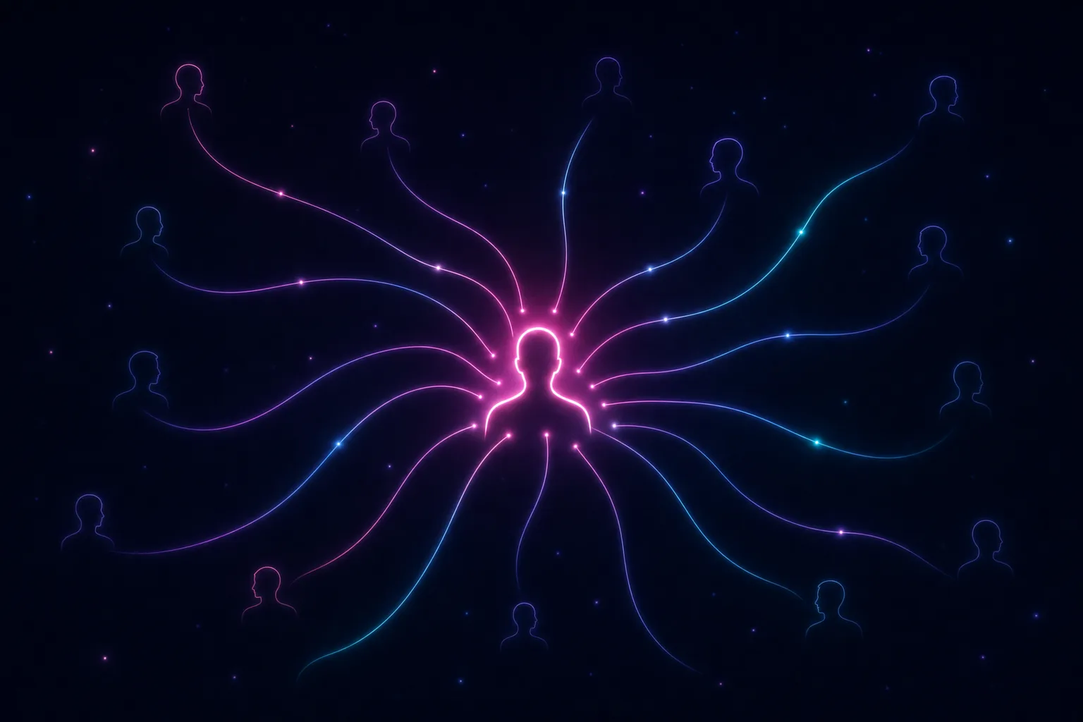 Neon line illustration of thin glowing threads in pink, purple and cyan converging from scattered dim points toward a single human silhouette that lights up at the centre, against a dark navy starfield background