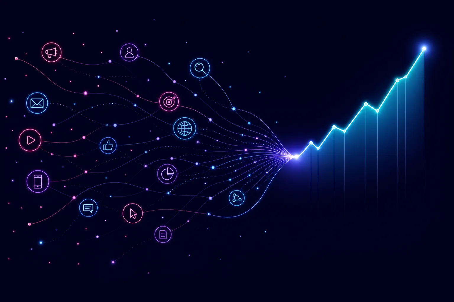 Neon line illustration of scattered marketing and hiring touchpoints converging into a single upward return-on-investment curve