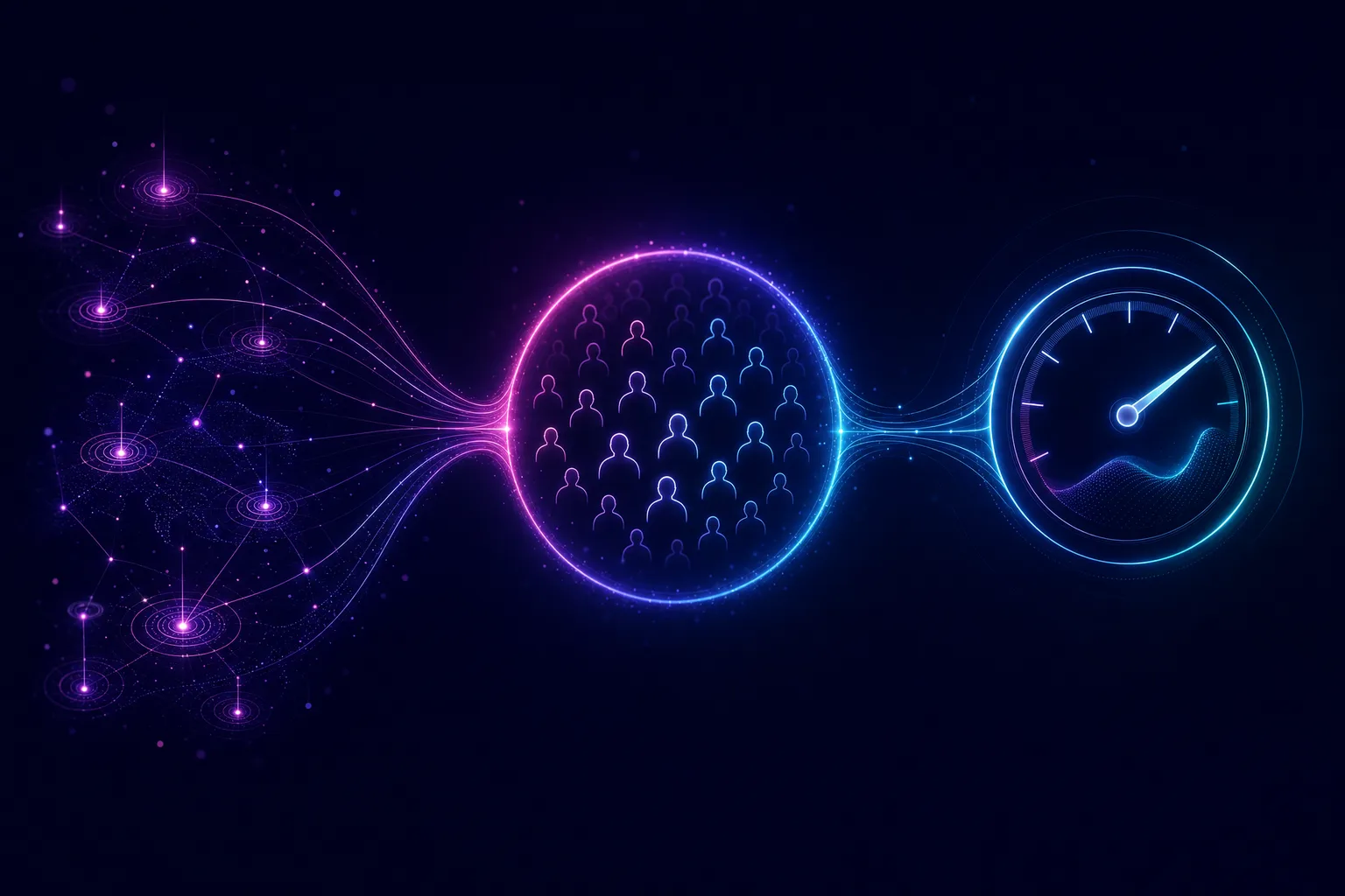 Neon line illustration of three connected layers, distribution nodes feeding an audience ring feeding a measurement dial, on a dark navy background