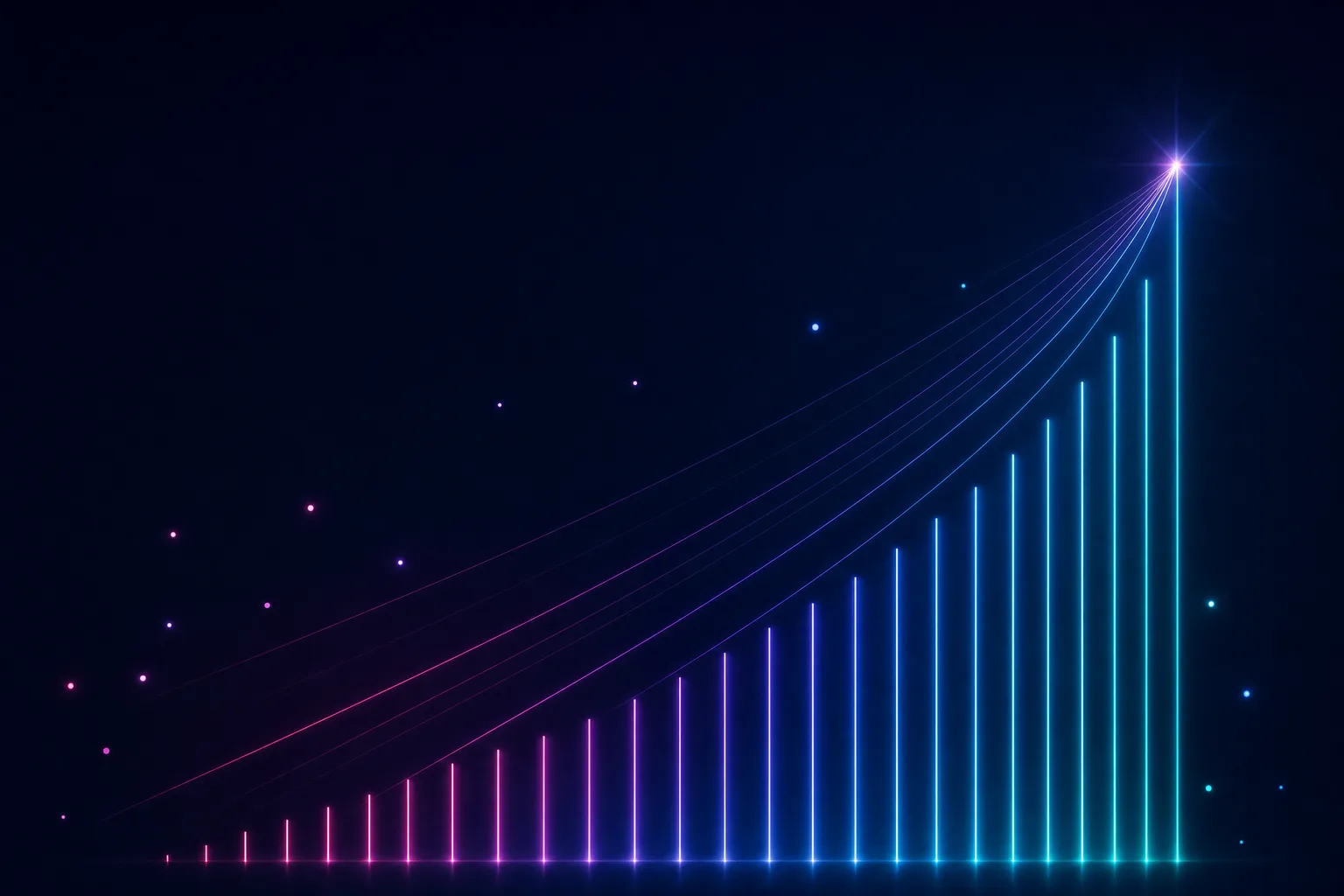 Neon line illustration of ascending bar-chart lines converging into a single glowing benchmark point on a dark navy background