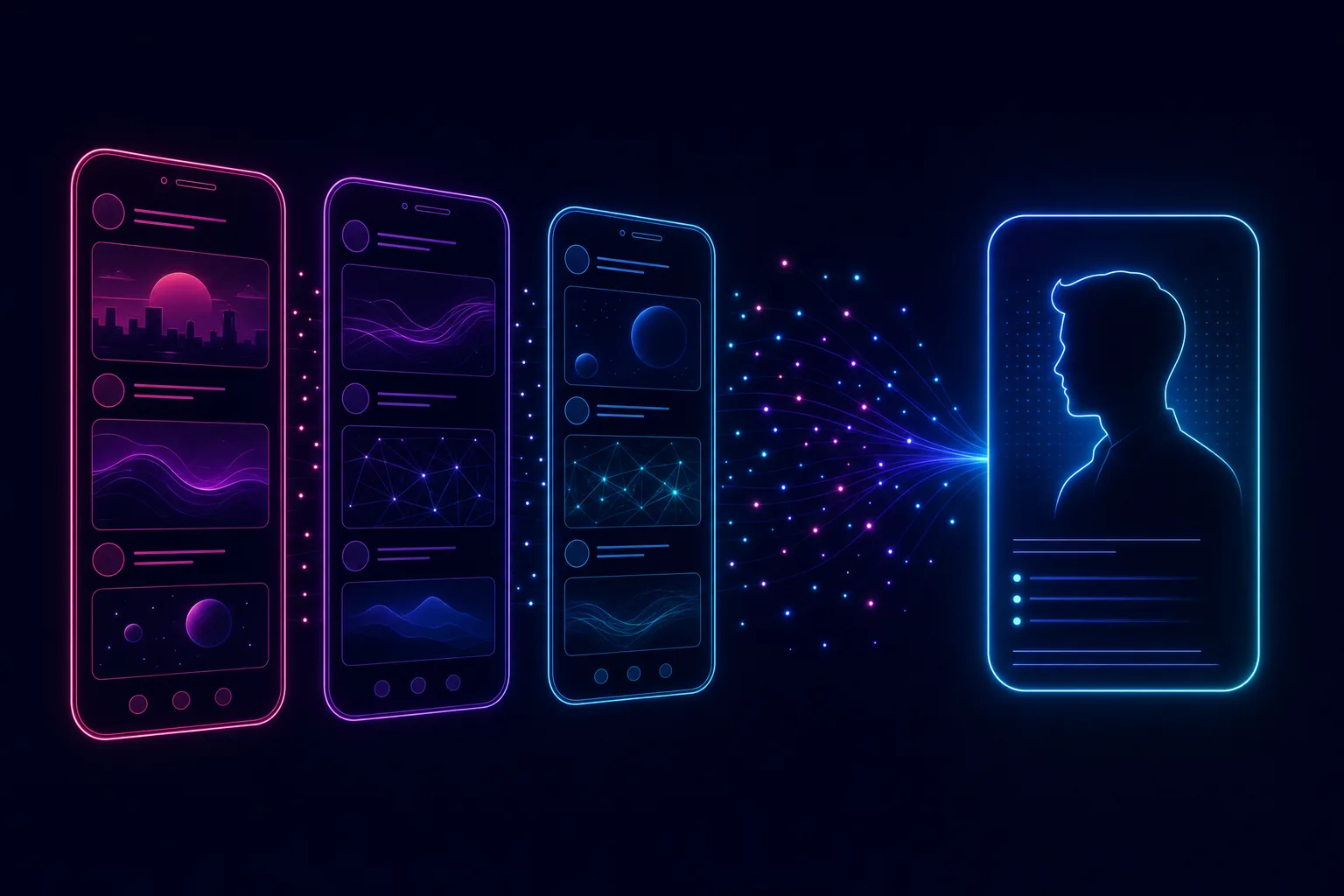 Neon line illustration of three phone feeds for Facebook, Instagram and TikTok converging into a single screened candidate profile
