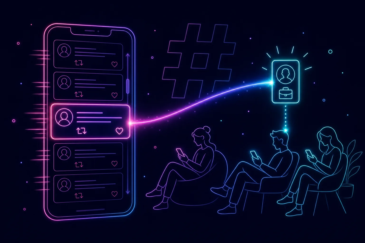 Neon line illustration of a highlighted post in a fast-scrolling feed reaching relaxed scrolling figures, one gaining a candidate profile card