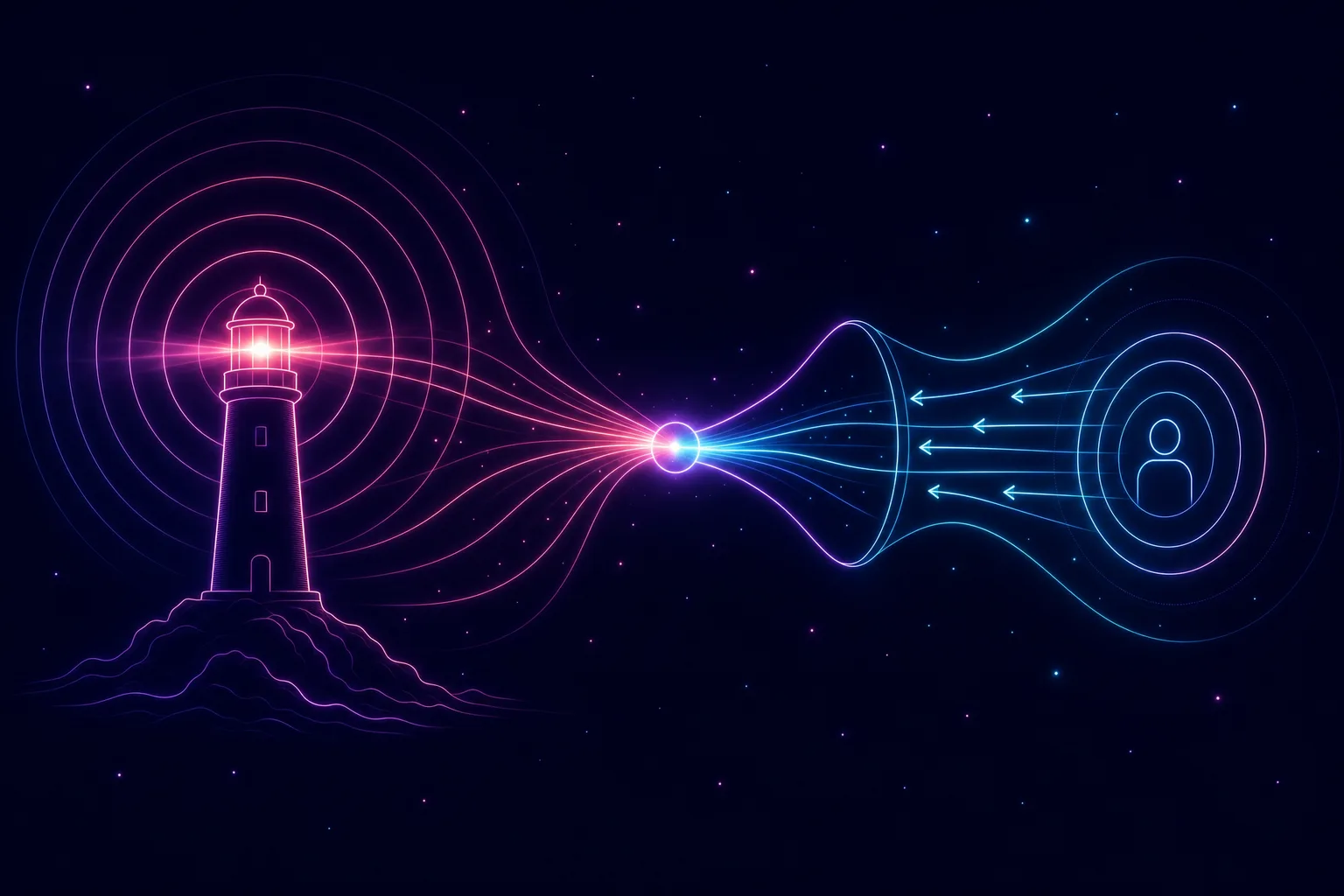 Neon line illustration of a glowing lighthouse emitting rings converging through a central node into a targeted funnel of arrows pointing at a candidate profile