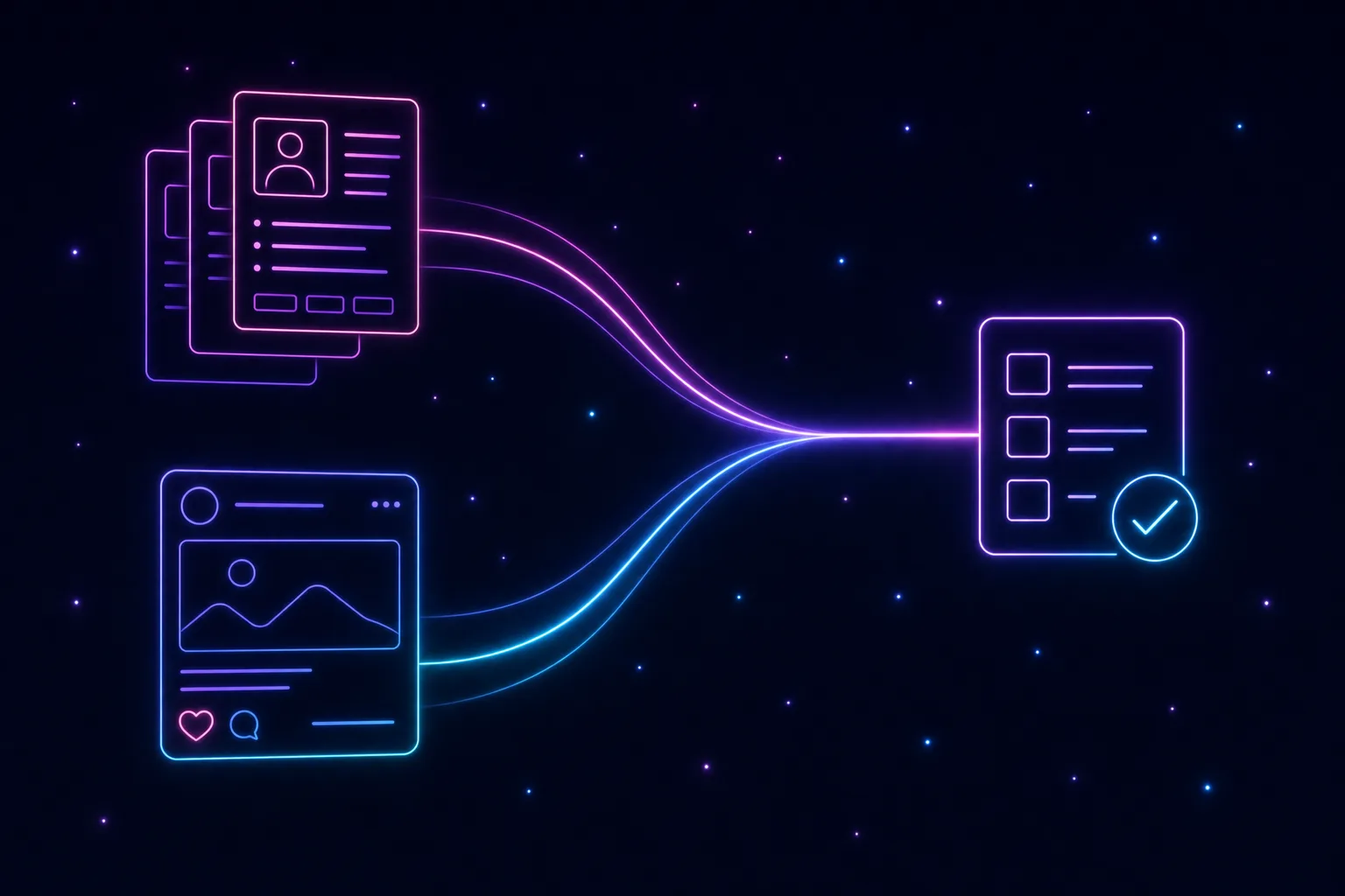 Neon line illustration of two glowing pathways, one through job-listing cards and one through a social feed, converging into a single glowing checklist