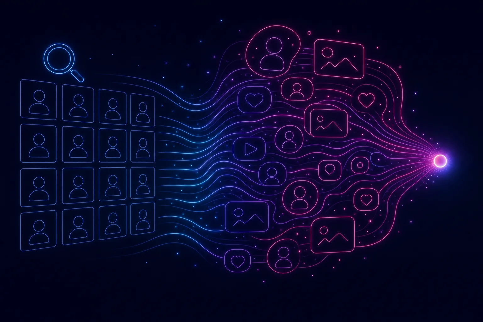 Neon line illustration contrasting a searchable grid of profile cards with a flowing social feed converging on a single glowing candidate