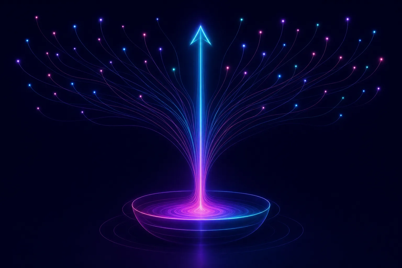 Neon line illustration of scattered glowing dots flowing into a pooled reservoir and rising as an activated candidate pipeline on a dark navy background