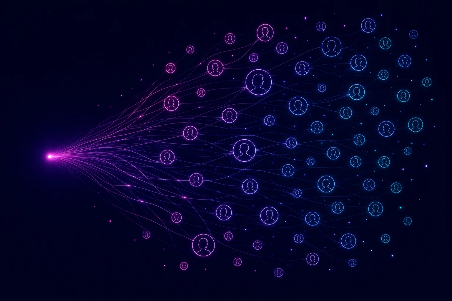 Neon line illustration of one glowing node radiating out into a wide constellation of candidate profiles across a social feed grid