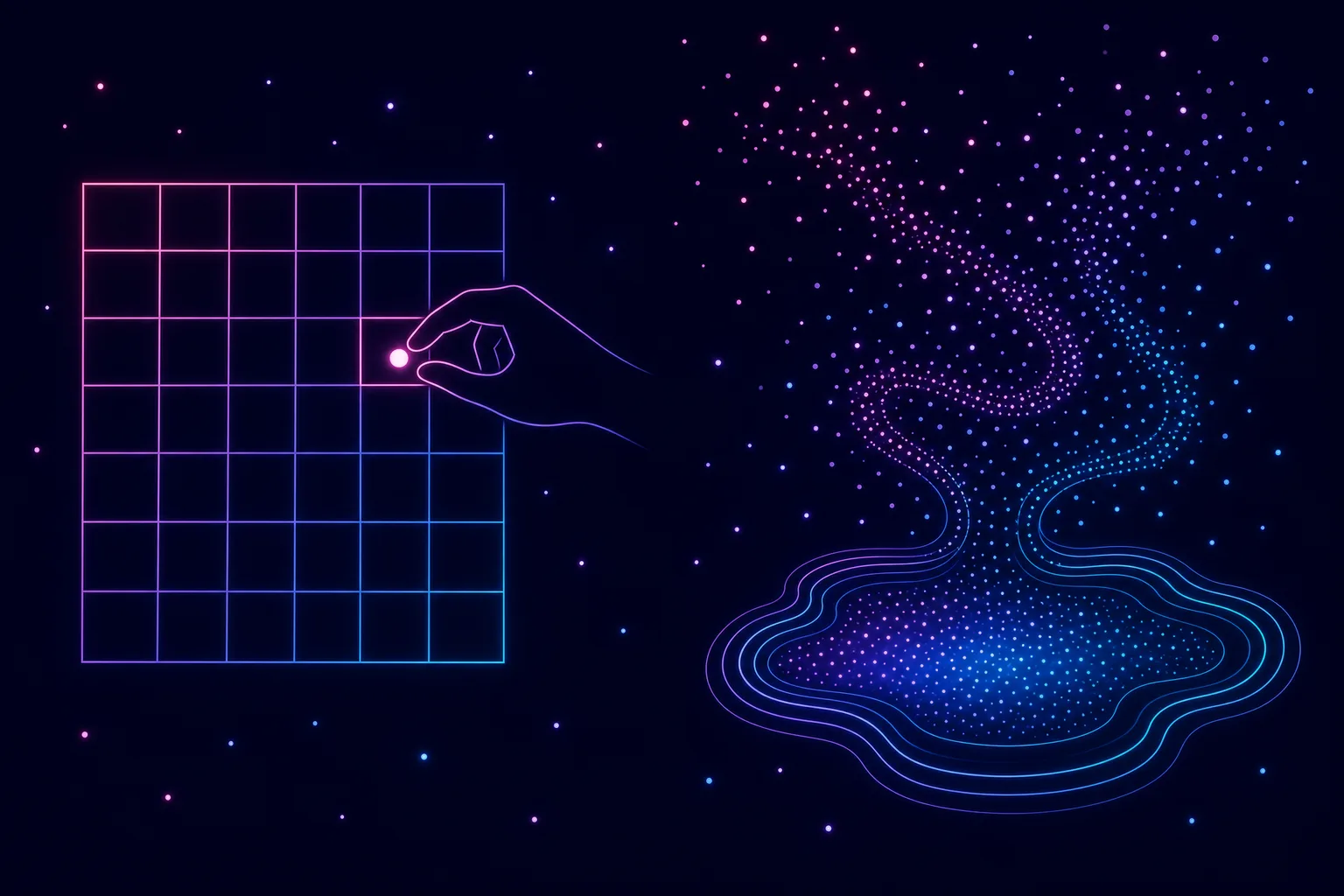 Neon line illustration contrasting a rigid database grid fed one point at a time on one side with a loose cloud of glowing dots streaming into a pooled reservoir on the other, on a dark navy background