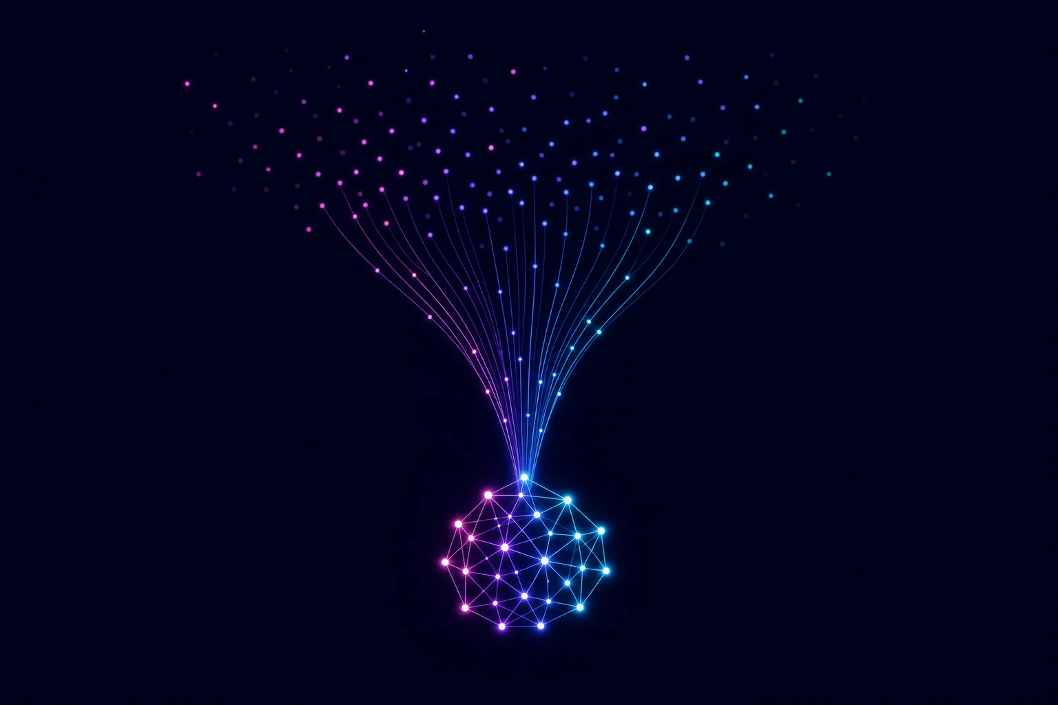 Neon line illustration of scattered glowing dots being filtered through a funnel into a smaller cluster of brighter, connected pre-qualified points on a dark navy background