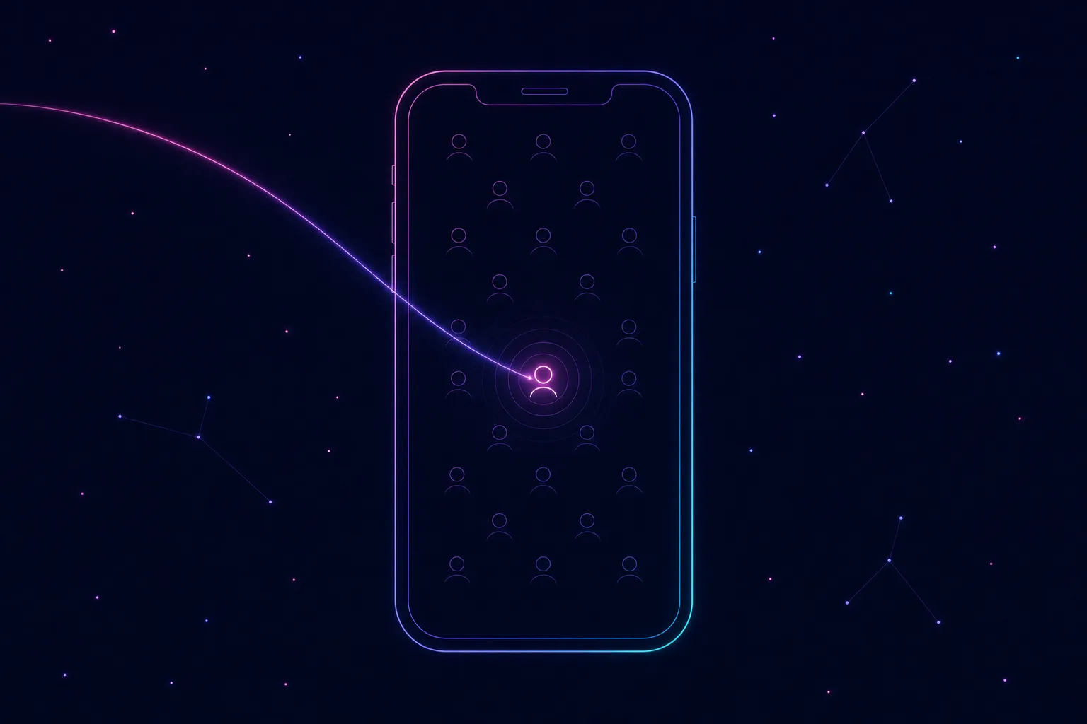 Neon line illustration of a phone showing a grid of dim, quiet profile icons, one lit brighter than the rest as a glowing signal arcs in and reaches it, against a dark navy starfield background