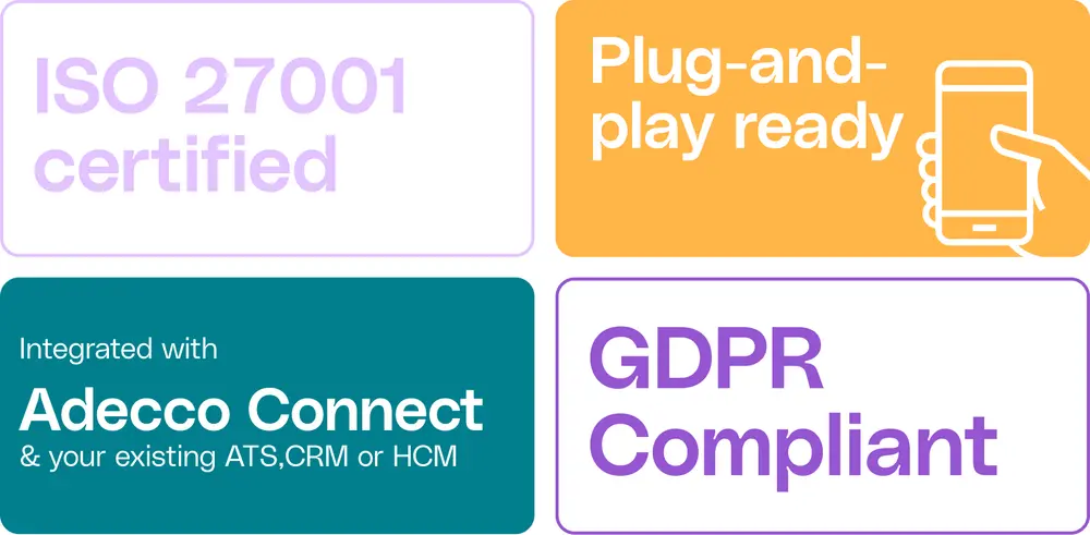 Four tiles: ISO 27001 certified, plug-and-play ready, integrated with Adecco Connect and your existing ATS, CRM or HCM, GDPR compliant