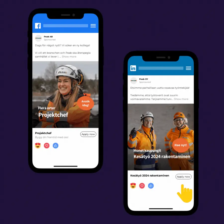 Peab Construction Year job ads on Facebook and LinkedIn shown on two phones